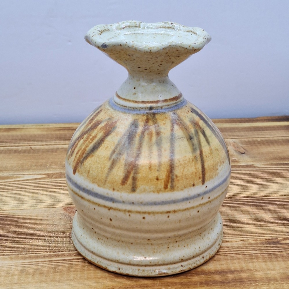 Vintage Stoneware Pot Stamped Artisan Ruffled Edge Earth Tone